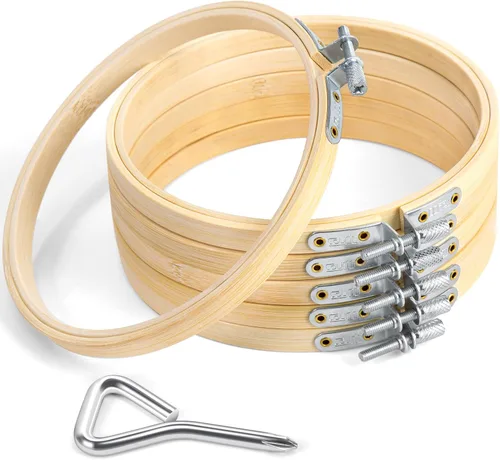 Vista 11 de Caydo 6 piezas de aro de bordado de 3 pulgadas con tornillo de metal, juego de aros de bordado pequeños, anillo de aro de punto de cruz de bambú