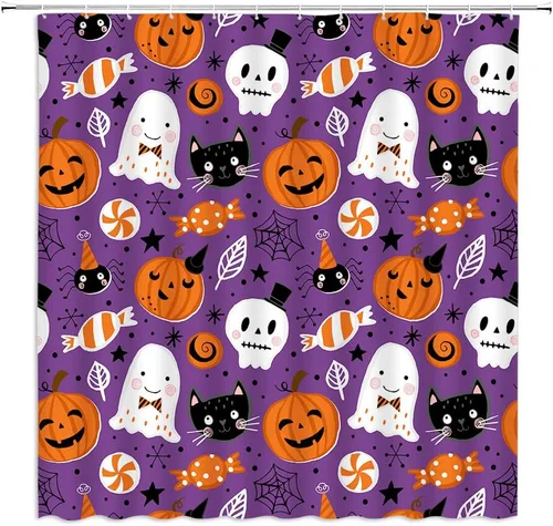 Vista 8 de Cortina de ducha de Halloween, castillo aterrador, calabaza, camión, calavera, murciélago de terror, luna llena, bruja, tela gótica, juego