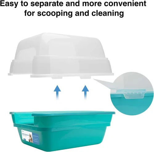 Vista 7 de Caja de arena para gatos Petfamily, caja de arena grande plegable jumbo con techo y tapa transparente (Azul verdoso)