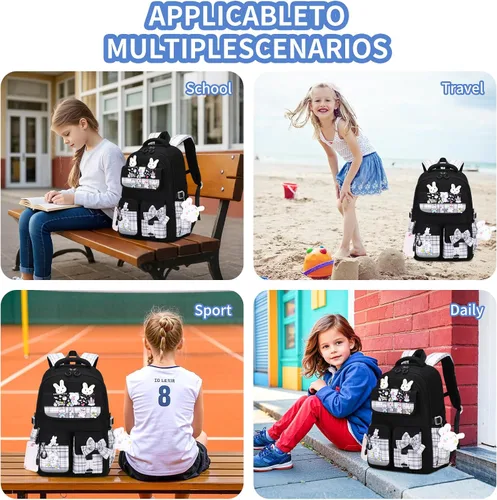 Vista 6 de Linda mochila para niñas, mochila escolar para niñas, mochila para niños y escuela primaria, Negro -, Grande, Mochila para niñas