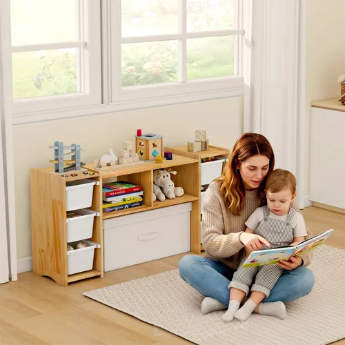 Vista 3 de MallBest Estantería Montessori para Niños - 100% Madera de Pino Maciza con 6 Cajones Plásticos Extraíbles, Organizador de Almacenamiento de Juguetes