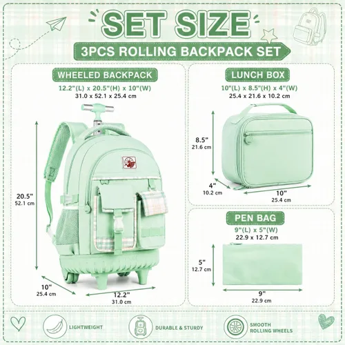 Vista 4 de Mochila con ruedas para mujer, bolsa de libros con ruedas, mochila escolar Juego de 3 piezas verde