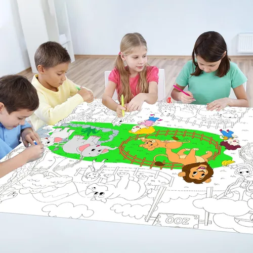 Vista 4 de Póster gigante para colorear de animales del zoológico para niños, mantel grande para colorear, rollo de actividad, papel de dibujo, hojas