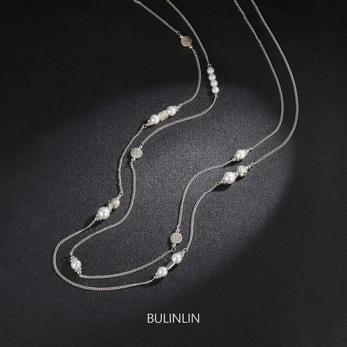 Vista 2 de BULINLIN Collar largo de plata en capas para mujer, collar de cadena de suéter con cuentas de piedra turquesa para mujer, joyería de disfraces