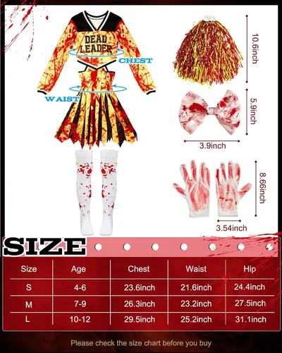 Vista 2 de Toulite Disfraz de animadora zombi de Halloween para niñas, disfraz de Halloween sin animadoras, calcetines, guantes, pompones, lazo, cosplay