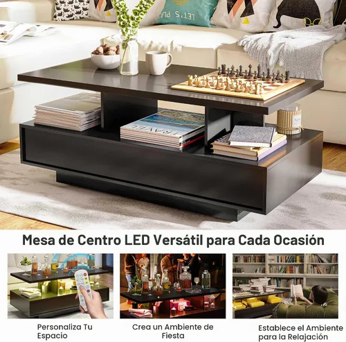 Vista 7 de LAUSAINT HOME Mesa de centro con almacenamiento, mesas de centro LED de 2 niveles para sala de estar con aplicación y control remoto, mesa de centro