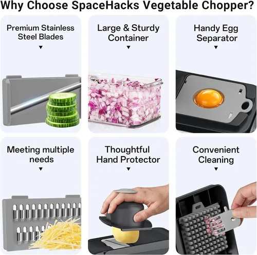 Vista 3 de SpaceHacks Picador de verduras 12 en 1, utensilios de cocina con 7 cuchillas, verduras, alimentos, picador de cebolla, rebanador de pepino
