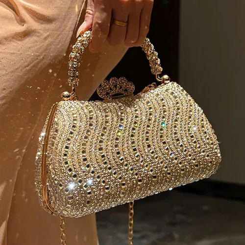 Vista 3 de Bolso de mano de noche con diamantes de imitación de cristal para mujer con cierre de corona de asa dorada, cadena desmontable formal para gala