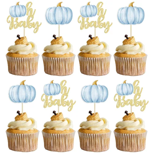 Vista 21 de Gyufise 24 piezas de decoración de cupcakes de calabaza con purpurina para temática de otoño, Acción de Gracias, Halloween, baby shower, niños