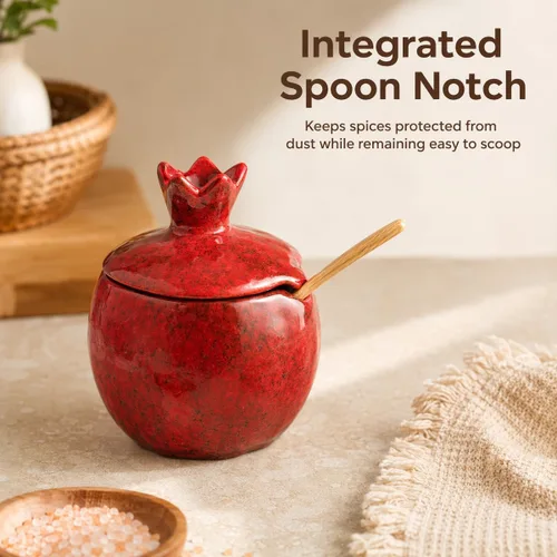 Vista 4 de Sal Bodega 2 PCS Cerámica Granada En Forma De Tazón De Sal Con Tapa Y Cuchara 2-pack ceramic pomegranate spice bowls with mottled red glaze, lids