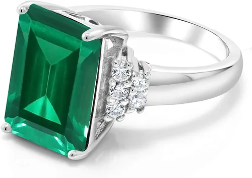 Vista 3 de Gem Stone King Anillo de compromiso para mujer de plata de ley 925, esmeralda de imitación verde