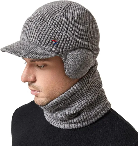 Vista 6 de Muryobao Gorro de invierno para hombre, con visera de punto, con forro polar y calentador de cuello