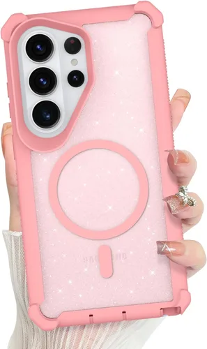 Vista 558 de Bonoma - Funda compatible con Samsung Galaxy S21 Plus, diseño de corazón con purpurina, color rosa Support for MagSafe, Plating Magnetic Case TPU