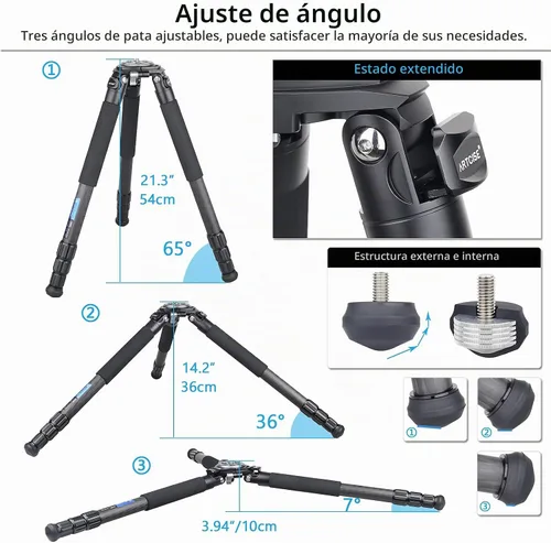 Vista 6 de ARTCISE Trípode de fibra de carbono AS88C con cuenco de 2.953 in y adaptador, trípode para cámara resistente, 10 capas, tubo de pierna de 1.417 in