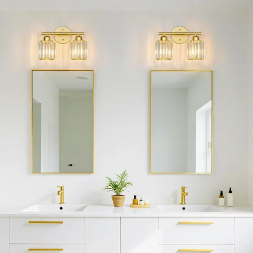 Vista 7 de Lámpara de tocador moderna de cristal de 2 luces, accesorio de luz vertical dorada para baño sobre espejo para mesa de tocador y fregadero