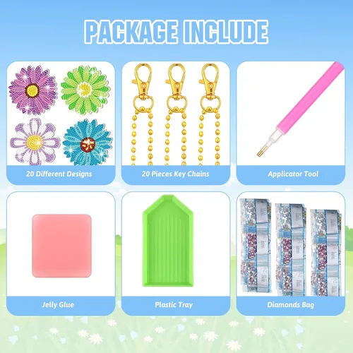 Vista 4 de FairySandy Juego de 20 llaveros de flores con pintura de diamantes de primavera para adultos, diseño de girasol, diamantes de imitación 5D, adorno