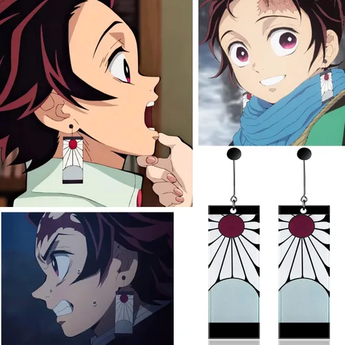 Vista 5 de 925 Sterling Silver Tanjiro Earrings,Anime Demon Slayer Cosplay Tanjiro Black Earrings Ear clip Kimetsu No Yaiba Hanafuda Halloween For Men Women