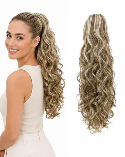 Vista 12 de CAISHA Extensiones de cola de caballo de 18 pulgadas, voluminosas, onduladas, marrón ceniza, mezcla de rubio claro PH35