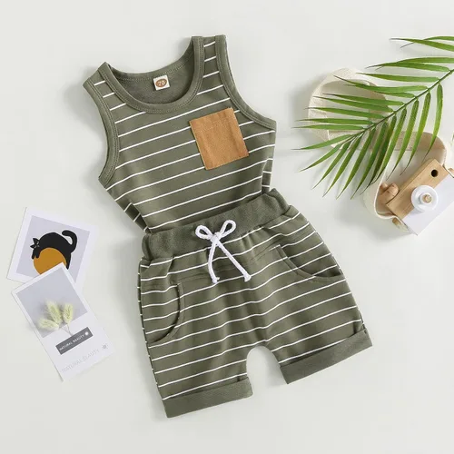 Vista 3 de Lucikamy Ropa de bebé niño sin mangas + pantalones cortos con estampado a rayas con bolsillos, 2 piezas de trajes de verano