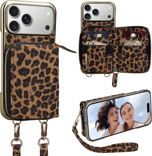 Vista 8 de Funda para iPhone 12 Pro/iPhone 12 de 6.1 pulgadas, cartera cruzada con cremallera para mujer, tarjetero con bloqueo RFID, funda de cuero con Negro