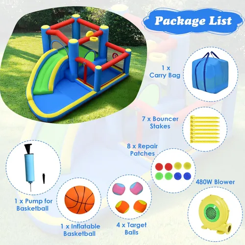 Vista 6 de BOUNTECH Tobogán acuático inflable, casa hinchable para niños de 5 a 12 años, para fiestas en interiores y exteriores, con soplador de 480 W, bolas