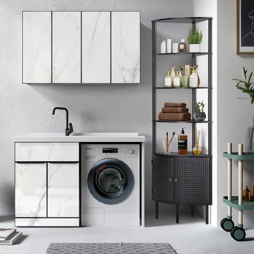 Vista 5 de Estante esquinero de 66.92 pulgadas de alto de 4 niveles, armario de baño esquinero con puertas de ratán de metal, estante de almacenamiento