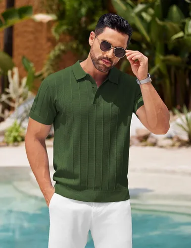 Vista 4 de COOFANDY Camisas polo de punto para hombre de manga corta con textura acanalada Camisas de golf casuales y ligeras con cuello Camiseta de polo