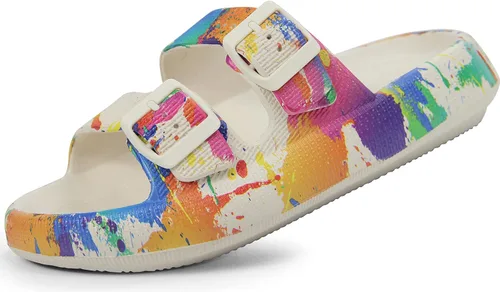 Vista 24 de Weweya Sandalias para mujer y hombre - Pantuflas acolchadas - Sandalias ajustables con doble hebilla - Sandalias planas de EVA
