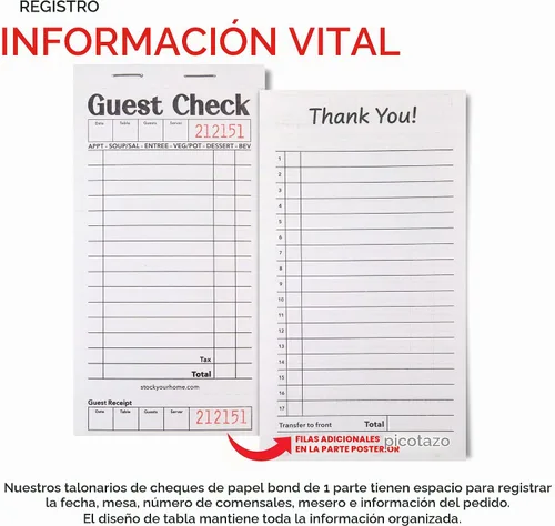 Vista 3 de Stock Your Home Libros de Cheques de Huéspedes en Blanco y Negro para Meseros (Paquete de 5) Blocs de Notas de Mesero, Talonario de Cheques