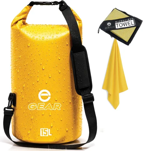 Vista 8 de Dry Bag 15L – Impermeable Flotante Roll Top Dry Sack para kayak, canotaje, camping y playa – Incluye toalla de microfibra de secado rápido (negro)