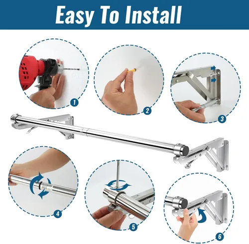 Vista 6 de Perchero plegable para montar en la pared, barra de 30 pulgadas de largo y 2 bases gruesas, acero inoxidable, multiusos para ahorrar espacio