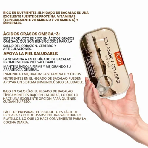 Vista 7 de Ican Hígado de bacalao salvaje islandés en aceite propio, 4.06 oz