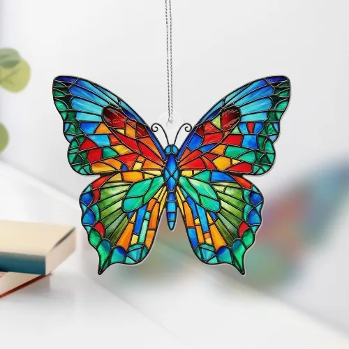 Vista 4 de Adorno de Navidad acrílico de mariposa con efecto vitral, atrapasoles colgante de ventana para familiares y amigos, decoraciones de Navidad, regalo