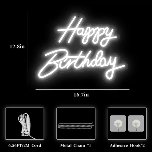 Vista 3 de Letrero de neón de feliz cumpleaños, luz de neón blanca de cumpleaños de 16.5 x 9.8 pulgadas para decoración de pared, alimentada por USB