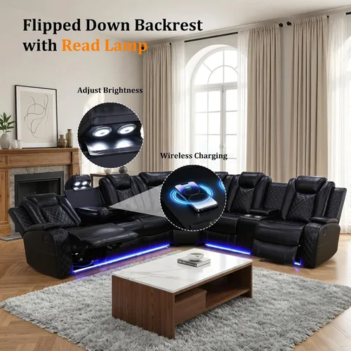 Vista 4 de Sofá seccional reclinable eléctrico con asiento de cine en casa con LED y puerto USB L Shaped Reclining Couch with Reading Lamp, Cup Negro
