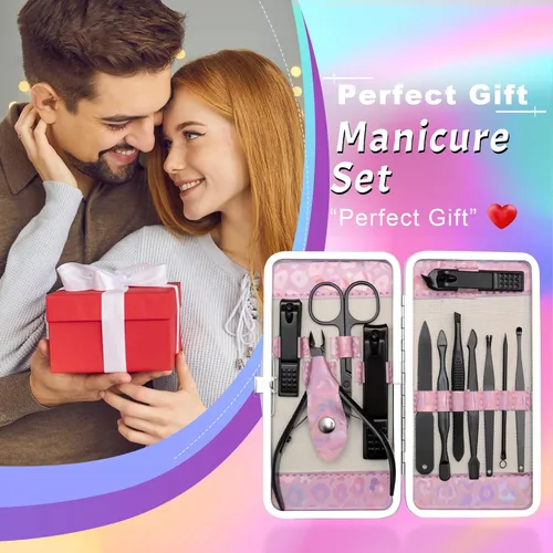 Vista 8 de CGBE Juego de cortaúñas, 12 piezas de acero inoxidable para hombres, juego de manicura y pedicura para regalos para hombres, color negro