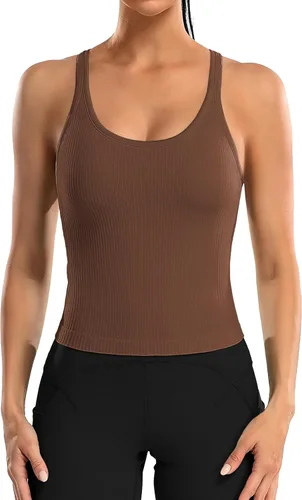 Vista 87 de ATTRACO Camiseta corta acanalada de entrenamiento para mujer con brasier integrado para yoga, espalda cruzada, ajuste ajustado
