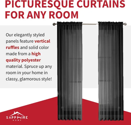 Vista 4 de Sapphire Home Cortinas traslúcidas negras de 63 pulgadas de largo, juego de 2 paneles de cortinas traslúcidas, filtrantes de luz, cortinas Negro