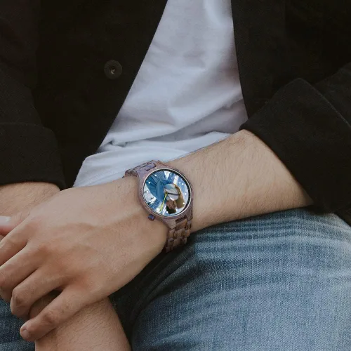 Vista 3 de 2win Reloj personalizado personalizado con impresión de foto para hombre, regalo de aniversario de madera para él y sus familias