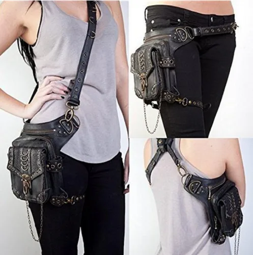 Vista 3 de Wendingstan Rock Leather & Vintage Gothic Retro Steampunk Bolso Estilo victoriano Bolso de hombro Riñonera Negro, Mediano, Negro -, Duradero, vintage