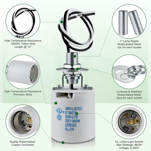 Vista 3 de Enchufe de luz E26,Soporte de lámpara de enchufe de bombilla de tornillo Medimun estándar,Enchufe de luz de porcelana E26 con cable para bombilla