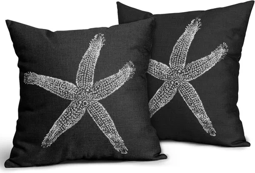 Vista 2 de Sweetshow Juego de 2 fundas de almohada cuadradas de lino con estrellas de mar negras de 16 x 16 pulgadas, decoración náutica costera de playa
