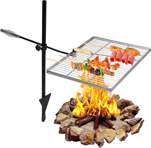 Vista 11 de REDCAMP Parrilla plegable giratoria para fogata, parrilla portátil para fogata sobre foso, rejilla de acero resistente y estante para fogata