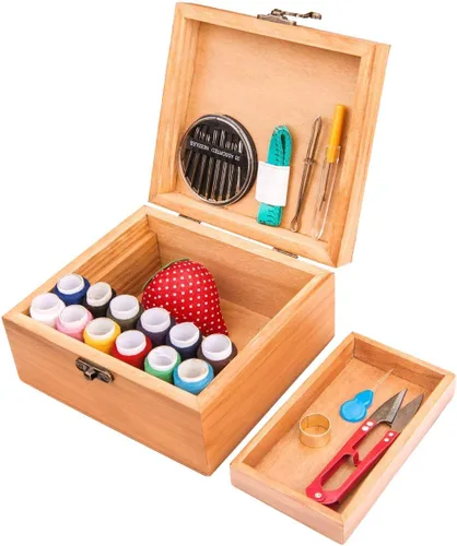 Vista 4 de Kit de costura, caja de madera para adultos, cesta de costura de madera con accesorios, kit de reparación de costura para principiantes, mujeres
