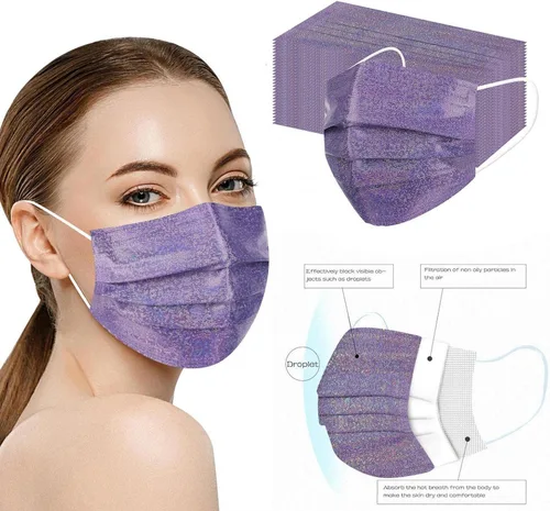 Vista 2 de Mascarillas desechables brillantes de moda, 3 capas transpirables metálicas brillantes con diseño de moda