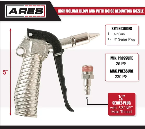 Vista 2 de ARES 70055-Pistola de soplado de alto volumen de 5 pulgadas con boquilla de reducción de ruido, cuerpo de aluminio ligero que cumple