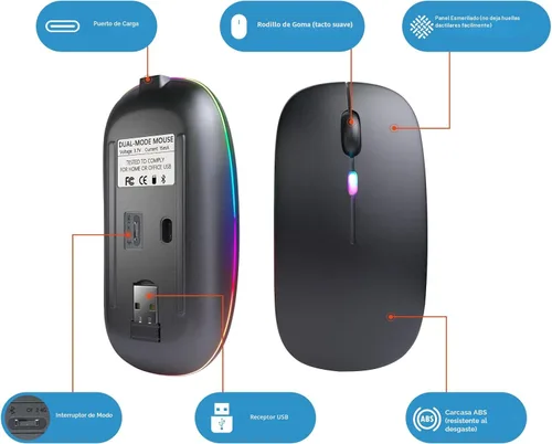 Vista 5 de Mouse inalámbrico Bluetooth, recargable, LED, silencioso, diseño ultradelgado (Bluetooth 5.2 y receptor USB de 2.4GHz) Mouse de computadora