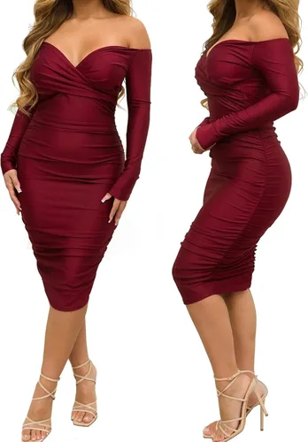 Vista 3 de Uni Clau Vestido sexy con cuello en V y hombros descubiertos para mujer, manga larga, ajustado, para cóctel, vestido de fiesta