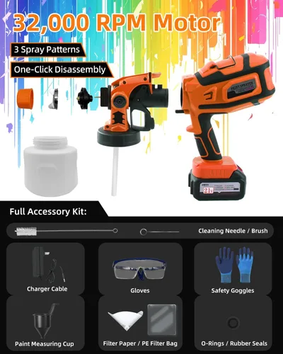 Vista 7 de Pulverizador de pintura HVLP inalámbrico - Motor de 650 W, recipiente desmontable de 47.3 fl oz, 6 boquillas de cobre, 3 patrones de pulverización