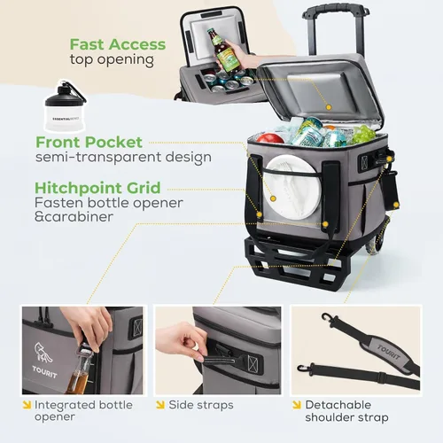 Vista 6 de TOURIT Hielera Portátil Plegable Rodante Suave para 50 Latas con Espacio de 29L y Carrito Todoterreno Reforzado con Ruedas para Transporte Fácil